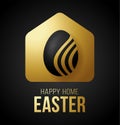 Luxury gold Happy Home Easter 2020 Card with Funny Vector Minimalist Icon. staying at home badge in Quarantine. COVID-19 Reaction
