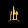 Luxury gold spoon, knife and fork logo icon design template