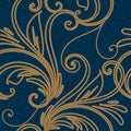 Luxury gold string floral 3d seamless pattern. Textured denim jeans background. Tapestry repeat vector backdrop. Vintage swirls