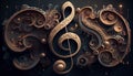 Luxury Gold Treble Clef of the stellar against on flying random golden notes. Beautiful musical notation symphony