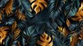 A luxury gold wallpaper with a black and golden background, a tropical leaves wall art design with dark blue and green Royalty Free Stock Photo