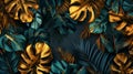 The luxury gold wallpaper design features dark blue and green tropical leaves with a shiny golden light texture. A Royalty Free Stock Photo