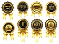 Luxury golden badges with ribbons. Award for best quality, first place medal. Premium design labels for business