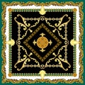 Luxury Golden Baroque with Chains. Silk Scarf on Black and Green Background. Ready for Textile Prints.