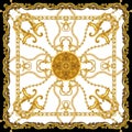 Luxury Golden Baroque. Silk Scarf with Golden Chains on White Background. Jewelry Shawl Design. Ready for Textile Prints.