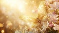 Luxury golden floral background with glittering particles and butterfly. Magic gold luxurious fairytale theme