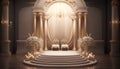 Luxury golden interior with empty podium, chair and candles. 3D rendering