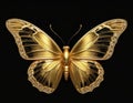 Luxury golden monarch butterfly with black details and diamond inlays on its wings, fantasy butterfly isolated on black background