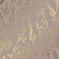 Luxury golden pattern with wildflowers on a brown background. Elegant decorative vector pattern Royalty Free Stock Photo