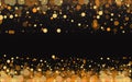 Luxury golden sparkle background, glitter magic glowing. Black and gold vector luminous dust with bokeh