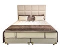 Luxury gray beige modern bed furniture with patterned bed with leather upholstery headboard . Soft velour fabric