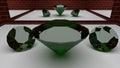 Luxury Green Shine Emerald Glass Diamond Shaped And Reflections Mirror-glass Room With Brick Wall Texture 3D Rendering