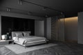 Luxury grey bedroom and bathroom interior Royalty Free Stock Photo