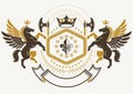 Luxury heraldic vector emblem template composed with ancient weapon, hatchets. Vector blazon made with mythic Pegasus, imperial c