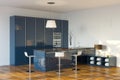 Luxury Hi-Tech Dark Blue Kitchen (Perspective View) Royalty Free Stock Photo