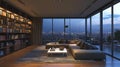 Luxury high-rise apartment living room with cityscape view at twilight