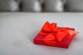 Luxury holiday red gift box with silk ribbon and bow, christmas or valentines day decor Royalty Free Stock Photo