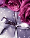 Luxury holiday silver gift box and pink roses as Christmas, Valentines Day or birthday present Royalty Free Stock Photo