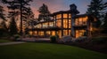 Luxury Home At Dusk: Dark Orange And Dark Gray Glass Architecture Royalty Free Stock Photo