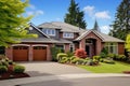 Luxury home exterior with brick and siding, double garage and large windows on facade. USA. Generative AI Royalty Free Stock Photo