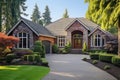 Luxury home exterior with brick and siding, double garage and large windows on facade. USA. Generative AI Royalty Free Stock Photo