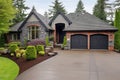 Luxury home exterior with brick and siding, double garage and large windows on facade. USA. Generative AI Royalty Free Stock Photo