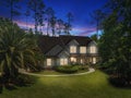 Luxury Home Exterior Dusk Dawn Night Lawn Sunset Interior Lights Turned on Horizontal Orientation Landscape Architectural Royalty Free Stock Photo