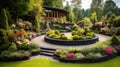 Luxury home garden with retaining walls in summer, landscape design of house backyard. Beautiful flowers, stones and trimmed