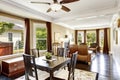 Luxury home interior with black dining table set and antique chest