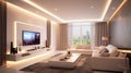 Luxury home interior design of modern living room. White sofa and tv unit in spacious room. Generative Ai Royalty Free Stock Photo