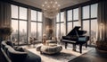 Luxury home interior with modern architecture, elegant decor, and musical instruments generated by AI