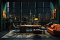 Luxury home office interior in skyscraper, dark modern apartment with night city view. Stylish room with big window and orange Royalty Free Stock Photo