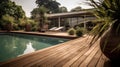 Luxury home, swimming pool and decking in garden Royalty Free Stock Photo