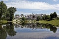 Luxury home with terrace and pond Royalty Free Stock Photo