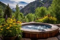 Luxury hot tub outdoor wiht mountain. Generative AI