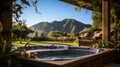 Luxury hot tub outdoor wiht mountain. Generative AI