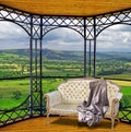 Luxury hotel balcony room with green hills valley mountains landscape picturesque window view Royalty Free Stock Photo