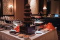 luxury hotel banquet with chocolate fountain and fondue station for dessert