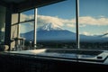 Luxury Hotel Bathtub at bath room with Fuji mountain background. Generative AI