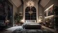 Luxury hotel bedroom modern design, comfortable bed, elegant decor, illuminated window generated by AI Royalty Free Stock Photo