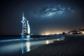 Luxury Hotel Burj Al Arab at Night Viewed from Jumeirah Public Beach in Dubai, UAE - Royalty Free Stock Photo