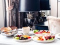 Luxury hotel and five star room service, various food platters, bread and coffee as in-room breakfast for travel and Royalty Free Stock Photo