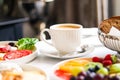 Luxury hotel and five star room service, various food platters, bread and coffee as in-room breakfast for travel and Royalty Free Stock Photo