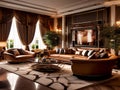 Luxury hotel living room interior design with brown sofa, elegant theme. Generative AI image Royalty Free Stock Photo