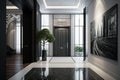 Luxury hotel lobby with black and white walls, tiled floor and large window with city view