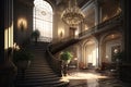 luxury hotel lobby, with grand staircase and chandelier, during sunset Royalty Free Stock Photo