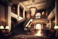 luxury hotel lobby, with grand staircase and chandelier, during sunset Royalty Free Stock Photo