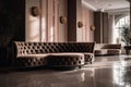 Luxury hotel lobby interior with leather sofas and armchairs, A luxurious hotel lobby interior with a comfortable and stylish