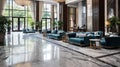 Luxury hotel lobby lounge area with sofa used for guests to wait for check in process and registration. Spacious resort entrance