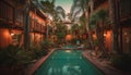 Luxury hotel with palm trees, poolside relaxation, illuminated by sunset generated by AI Royalty Free Stock Photo